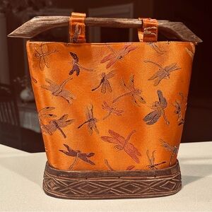 Vintage Asian-Inspired Dragonfly Silk Purse Wooden Handle Handbag